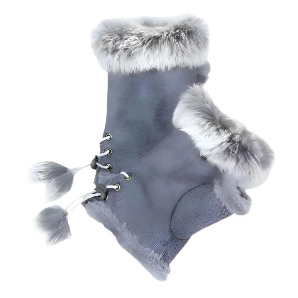NWT Elegant Gray Faux Fur Trimmed Gloves - Picture 2 of 2